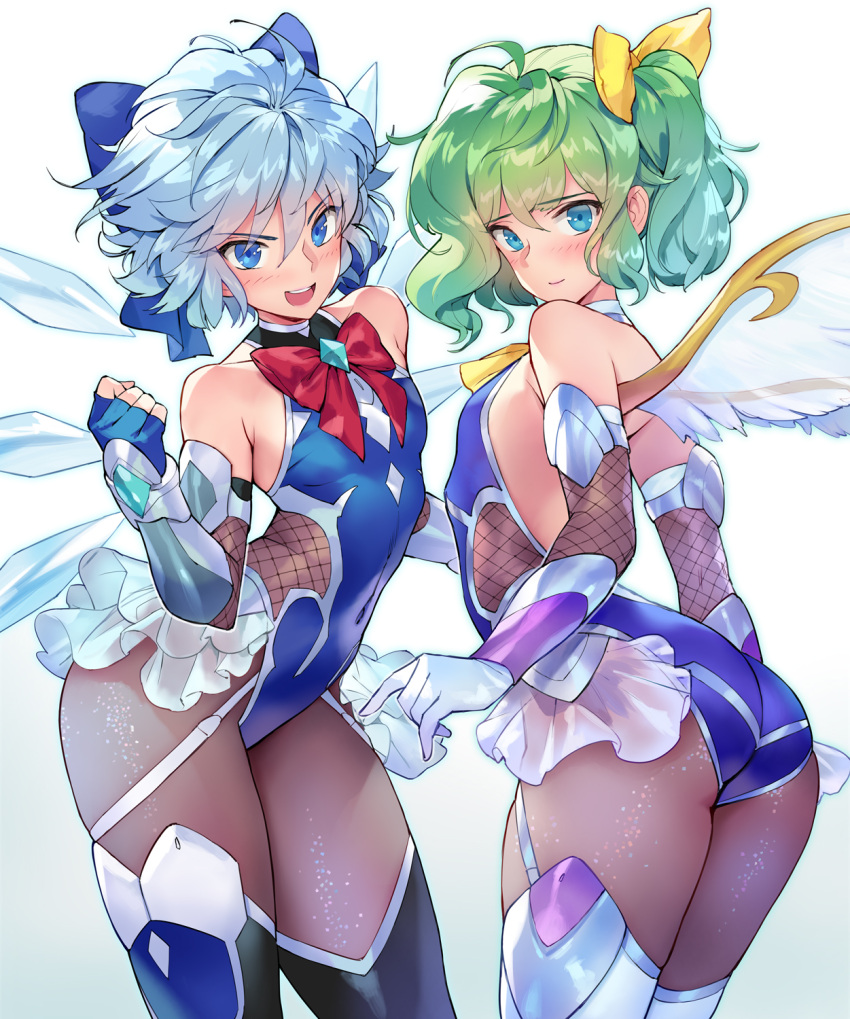 2girls ass bare_shoulders blue_eyes blue_hair bow bowtie breasts cirno commentary_request commission cowboy_shot daiyousei duplicate eyebrows_visible_through_hair fingerless_gloves gloves green_hair hair_between_eyes highres leotard looking_at_viewer matsuda_(matsukichi) multiple_girls open_mouth pantyhose pixel-perfect_duplicate red_bow red_bowtie simple_background skeb_commission small_breasts taimanin_(series) taimanin_suit teeth tongue touhou white_background wings