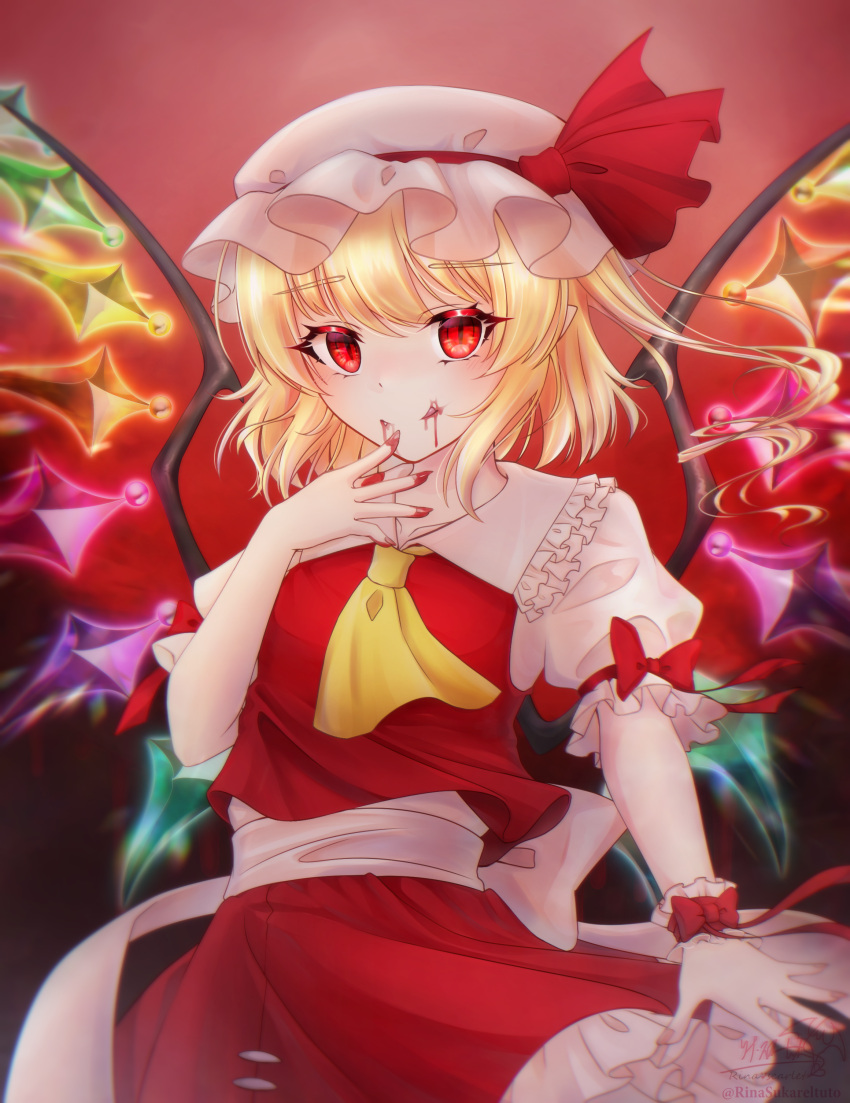 1girl :q absurdres artist_name back_bow bat_wings blonde_hair blood blood_on_face blood_on_hands bow collarbone commentary_request crystal eyebrows_visible_through_hair fang fang_out fingernails flandre_scarlet frilled_shirt_collar frilled_skirt frilled_sleeves frills gradient gradient_background hand_to_own_mouth hat hat_ribbon highres medium_hair mob_cap one_side_up open_mouth pointy_ears puffy_short_sleeves puffy_sleeves rainbow_order red_background red_bow red_eyes red_vest ribbon rina_sukareltuto sash shirt short_sleeves side_ponytail signature skirt solo standing tongue tongue_out touhou twitter_username upper_body vest white_headwear white_ribbon white_sash white_shirt wings wrist_cuffs yellow_neckwear