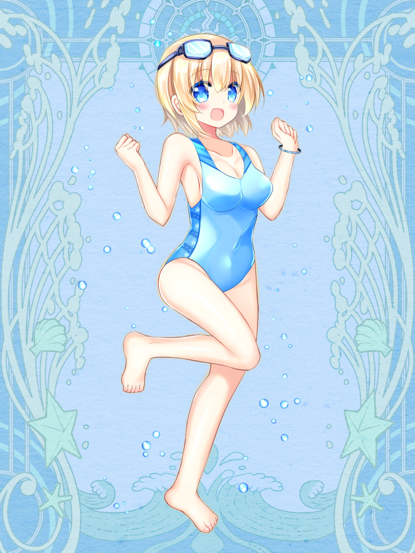 1girl :d bangs bare_arms bare_legs bare_shoulders barefoot blonde_hair blue_eyes blue_swimsuit blush breasts casual_one-piece_swimsuit cleavage commentary_request copyright_request covered_navel eyebrows_visible_through_hair full_body goggles goggles_on_head hair_between_eyes hands_up highres looking_at_viewer medium_breasts official_art one-piece_swimsuit shikito short_hair smile solo standing standing_on_one_leg swimsuit water_drop