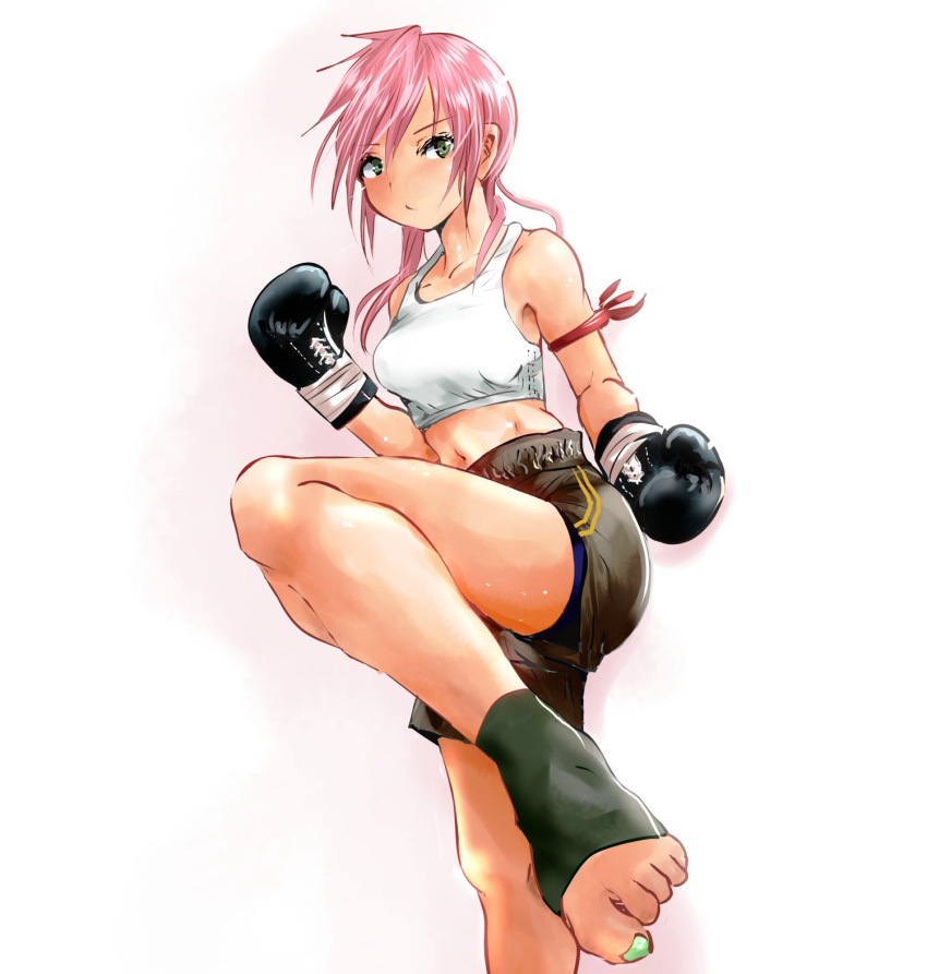 1girl boxing_gloves breasts closed_mouth final_fantasy final_fantasy_xiii gloves highres lightning_farron long_hair looking_at_viewer midriff nail_polish navel pink_hair purintai simple_background solo toeless_legwear toenail_polish toenails toes white_background