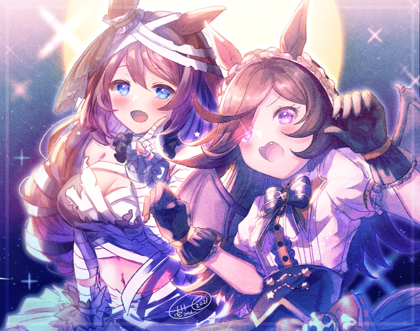 2girls :d animal_ears bandaged_arm bandaged_hand bandages bangs bat_wings black_bow black_gloves black_skirt blush bow breasts brown_hair center_frills claw_pose cleavage collared_shirt commentary_request dress_shirt eyebrows_visible_through_hair fangs frills full_moon gloves glowing glowing_eye grey_wings hair_over_one_eye halloween hand_up hands_up horse_ears index_finger_raised ittokyu long_hair looking_at_viewer make_up_in_halloween!_(umamusume) medium_breasts moon multiple_girls mummy_costume navel puffy_short_sleeves puffy_sleeves purple_eyes rice_shower_(umamusume) shirt short_sleeves signature skirt smile striped striped_bow super_creek_(umamusume) umamusume very_long_hair white_shirt wings