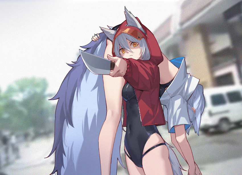 2girls aiming_at_viewer animal_ears arknights bikini black_bikini black_swimsuit blurry blurry_background breasts carrying_over_shoulder casual_one-piece_swimsuit corrupted_exif_data covered_navel cowboy_shot cropped_jacket day depth_of_field ears_through_headwear extra_ears eyewear_on_head grey_hair hair_between_eyes highleg highleg_swimsuit holding holding_knife hood hood_up hooded_jacket jacket kneepits knife large_tail multiple_girls nian official_alternate_costume one-piece_swimsuit outdoors projekt_red_(arknights) projekt_red_(light_breeze)_(arknights) provence_(arknights) provence_(casual_vacation)_(arknights) purple_hair red_jacket small_breasts swimsuit tail unconscious visor white_jacket wolf_ears wolf_girl wolf_tail yellow_eyes