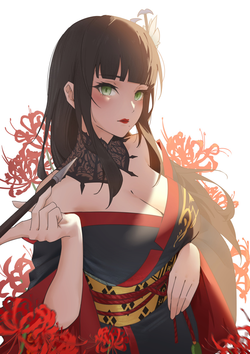 1girl absurdres bat_hair_ornament black_hair black_kimono blush breasts cleavage detached_collar elach epiphyllum expressionless eyelashes final_fantasy final_fantasy_xiv flower green_eyes hair_flower hair_ornament hand_up high_collar highres hime_cut holding holding_pipe japanese_clothes kanzashi kimono kiseru lace_collar large_breasts lips lipstick long_hair makeup mole mole_under_mouth obi off-shoulder_kimono pipe sash sidelocks simple_background solo spider_lily tassel tsurime upper_body white_background yotsuyu_(ff14) yuujo