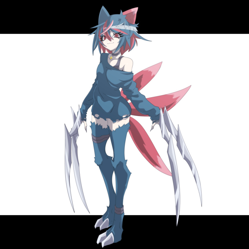 1girl animal_ears aqua_hair aqua_legwear bangs claws closed_mouth collar collarbone commentary_request eyelashes full_body hair_between_eyes highres medium_hair multicolored_hair off_shoulder personification pokemon red_eyes red_hair shimaumayamada smile sneasel solo standing thighhighs torn_clothes two-tone_hair