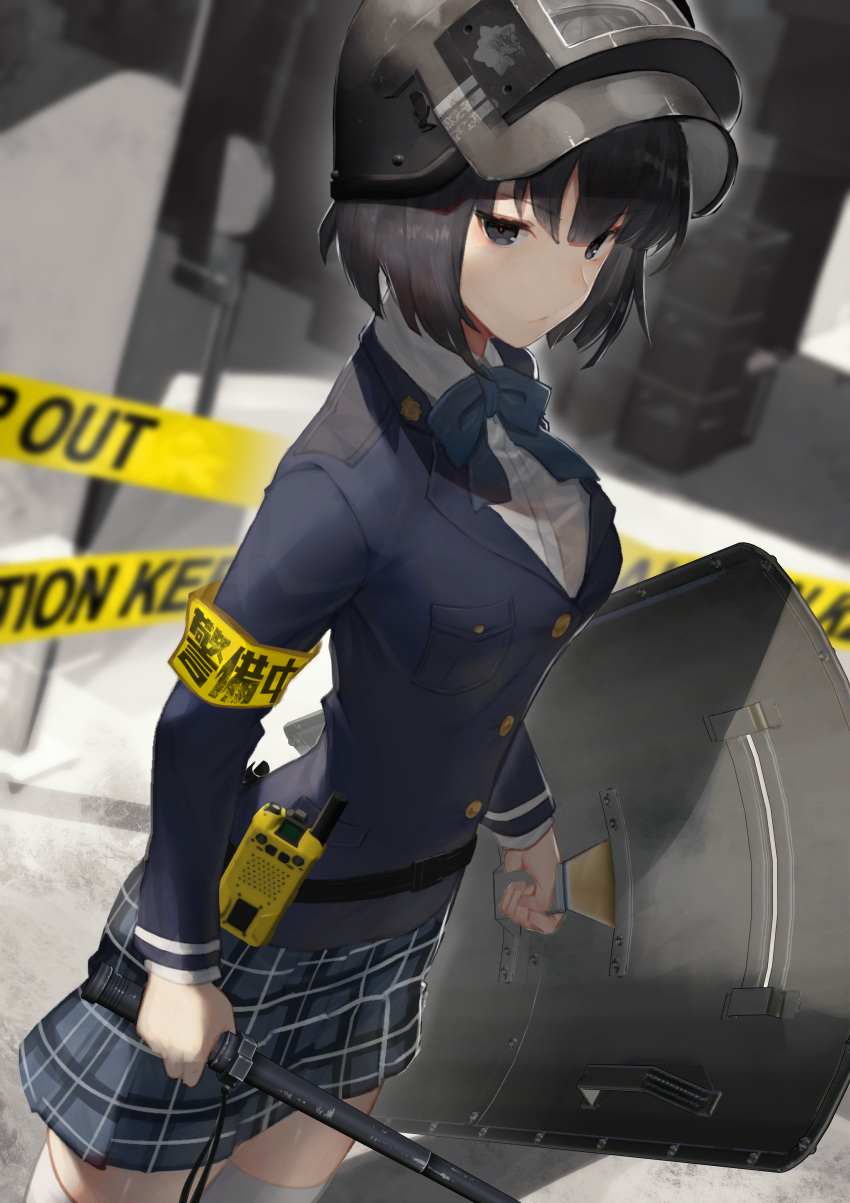 1girl absurdres armband bangs black_eyes black_hair blue_bow blue_jacket blue_skirt blurry blurry_background bow breasts caution_tape collared_shirt commentary depth_of_field dress_shirt dutch_angle english_commentary eyebrows_visible_through_hair hair_between_eyes helmet highres holding holding_shield jacket keep_out long_sleeves looking_at_viewer mixed-language_commentary original plaid plaid_skirt pleated_skirt riot_shield scottie_(phantom2) shield shirt skirt small_breasts solo standing thighhighs translation_request visor walkie-talkie white_legwear white_shirt