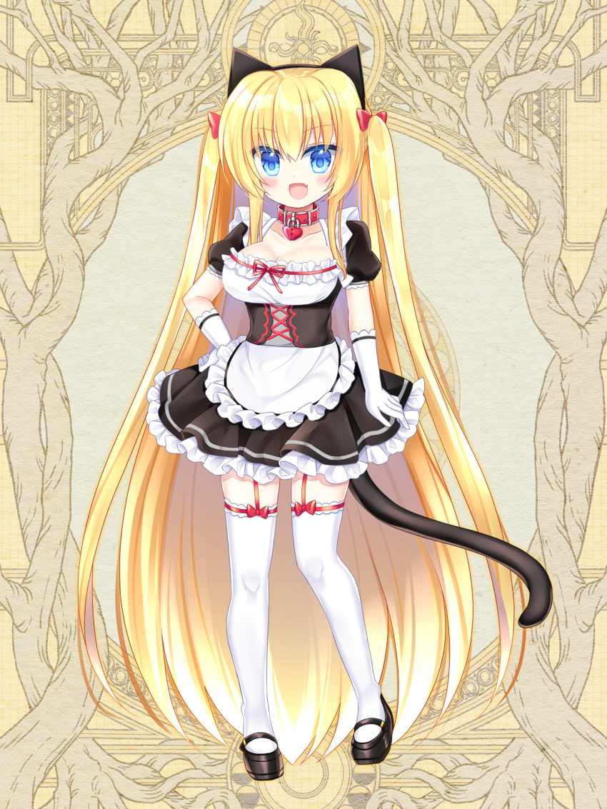 1girl :d animal_ears apron bangs black_dress black_footwear blonde_hair blue_eyes blush bow breasts cat_ears cat_tail cleavage collar collarbone commentary_request copyright_request dress eyebrows_visible_through_hair fang frilled_apron frilled_dress frills full_body garter_straps gloves hair_between_eyes hair_bow hand_on_hip heart highres keyhole long_hair looking_at_viewer medium_breasts official_art puffy_short_sleeves puffy_sleeves red_bow red_collar shikito shoes short_sleeves smile solo standing tail thighhighs two_side_up very_long_hair waist_apron white_apron white_gloves white_legwear