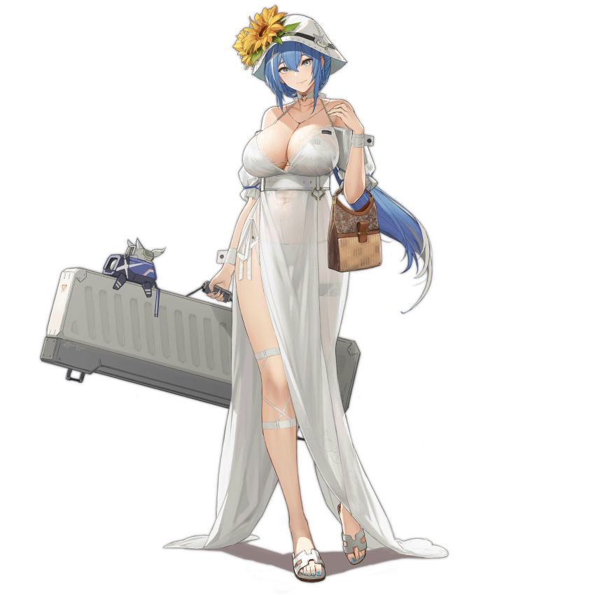 1girl bag bare_shoulders bikini blue_hair blue_nails breasts brown_bag camera_phone cleavage closed_mouth collarbone dinergate_(girls'_frontline) dp-12_(girls'_frontline) dress eyebrows_visible_through_hair floor flower girls'_frontline grey_eyes hand_up hat hat_flower highres holding holding_bag holding_case jewelry ksvk_(girls'_frontline) large_breasts legs long_hair looking_at_viewer multicolored_hair nail_polish necklace official_art pandea_work sandals smile solo standing summer sun_hat swimsuit toenails transparent_background viewfinder weapon_case white_bikini white_dress white_headwear white_swimsuit