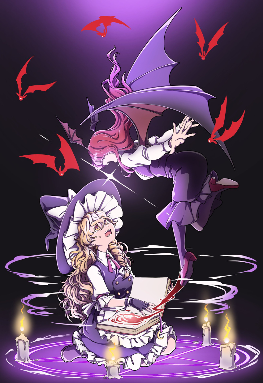 2girls absurdres bat bent_over black_background black_dress black_legwear bow braid candle circle covered_eyes crescent dark demon_girl demon_tail demon_wings dress fangs floating frilled_dress frills glint hair_between_eyes hair_bow hair_over_eyes hat hat_bow head_wings highres juliet_sleeves kirisame_marisa koakuma long_sleeves magic magic_circle mefomefo multiple_girls neck_ribbon open_mouth pentagram pink_ribbon puffy_sleeves pumps purple_dress purple_footwear purple_headwear raised_eyebrows red_footwear red_hair ribbon seiza shirt short_hair side_braid single_braid sitting smoke summoning surprised sweatdrop tail touhou wavy_hair white_bow white_shirt wings witch witch_hat yellow_eyes