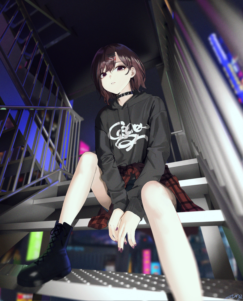 1girl bangs bare_legs between_legs black_footwear black_hoodie black_shorts boots brown_eyes brown_hair brown_headwear choker clothes_around_waist commentary cross-laced_footwear drawstring dutch_angle eyeshadow foot_out_of_frame from_below hair_ornament hairclip hand_between_legs highres higuchi_madoka hood hood_down hoodie idolmaster idolmaster_shiny_colors lace-up_boots long_sleeves looking_at_viewer looking_down makeup mole mole_under_eye nail_polish night outdoors parted_lips plaid plaid_shirt purple_nails railing shirt shirt_around_waist short_hair shorts signature sitting sitting_on_stairs solo spung stairs v_arms
