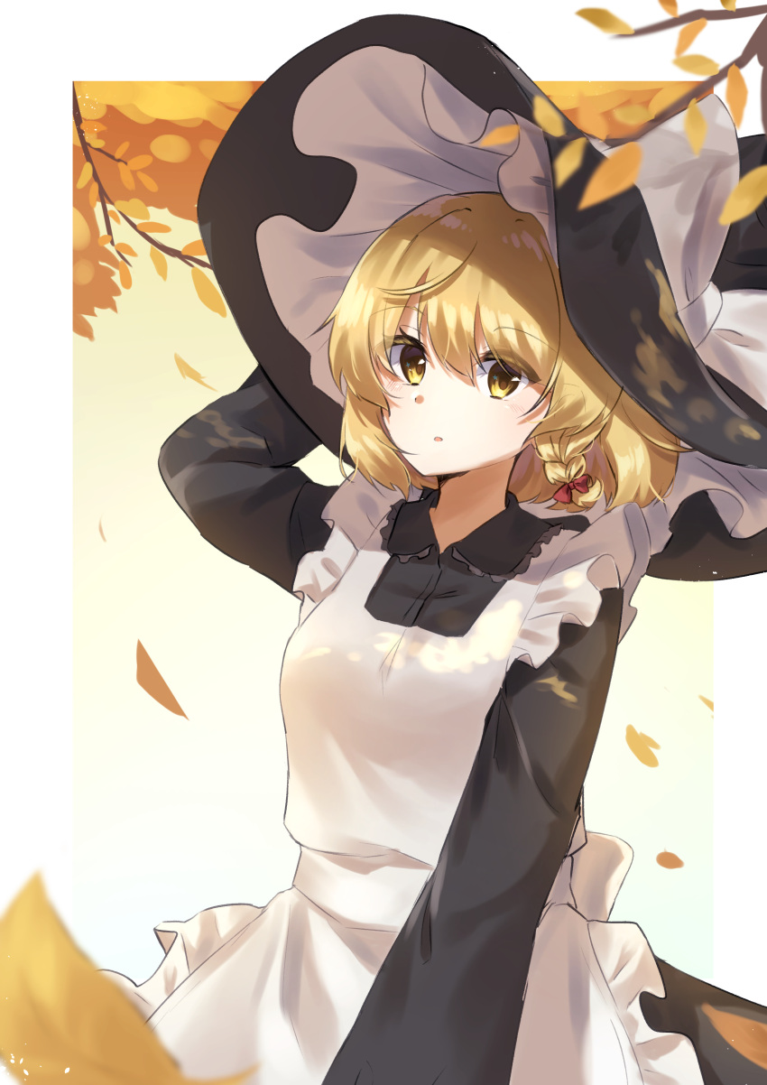 1girl absurdres alternate_hair_length alternate_hairstyle ameria_(artist) apron autumn_leaves black_dress blonde_hair blurry blurry_foreground bow braid dress eyebrows_visible_through_hair hat hat_bow highres kirisame_marisa long_sleeves looking_at_viewer parted_lips short_hair side_braid solo touhou white_apron white_bow witch_hat yellow_eyes