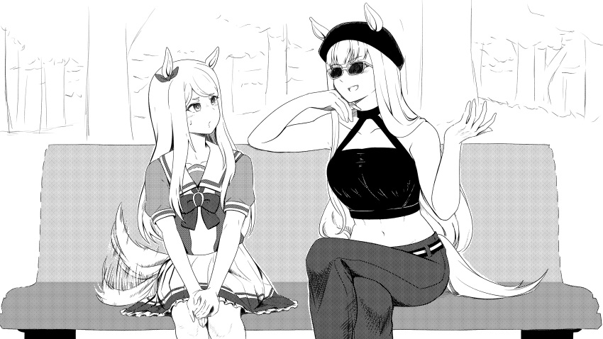 2girls absurdres afterimage animal_ears bangs bench beret blunt_bangs bow bowtie casual collarbone commentary ear_bow ears_through_headwear frilled_skirt frills gold_ship_(umamusume) greyscale halterneck hat highres horse_ears horse_girl horse_tail horseshoe_ornament kaede_(harutan109) mejiro_mcqueen_(umamusume) midriff monochrome multiple_girls navel pants pleated_skirt puffy_short_sleeves puffy_sleeves purple_bow purple_bowtie sailor_collar sailor_shirt school_uniform shirt short_sleeves sketch skirt summer_uniform sunglasses tail tail_wagging tracen_school_uniform tree umamusume