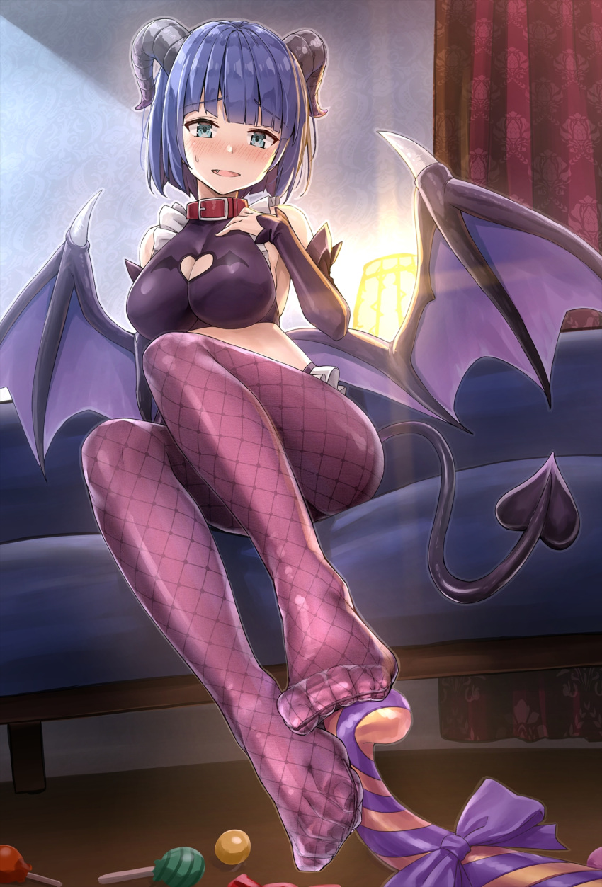 1girl animal_collar bangs blue_eyes blue_hair blush breasts candy cleavage_cutout clothing_cutout collar commentary_request couch crop_top demon_girl demon_horns demon_tail demon_wings detached_sleeves eyebrows_visible_through_hair fang feet fishnet_legwear fishnets food from_below full_body hand_on_own_chest heart_cutout highres horns kotatsu_(kotatsu358) large_breasts lollipop long_sleeves looking_at_viewer no_shoes on_couch open_mouth original pantyhose phallic_symbol red_legwear short_hair simulated_footjob sitting solo sweatdrop tail toes wings