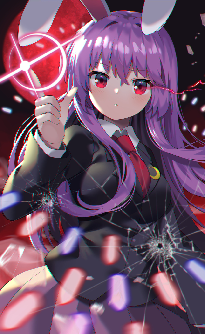 1girl absurdres animal_ears bangs blazer breasts bullet closed_mouth collared_shirt crescent crescent_pin danmaku eyebrows_visible_through_hair glowing glowing_eye gun hair_between_eyes handgun highres jacket light_purple_hair long_hair looking_at_viewer lunatic_gun moon moon_rabbit necktie pleated_skirt purple_hair rabbit_ears red_eyes red_moon red_necktie reisen_udongein_inaba shirt skirt solo touhou weapon yuujin_(yuzinn333)