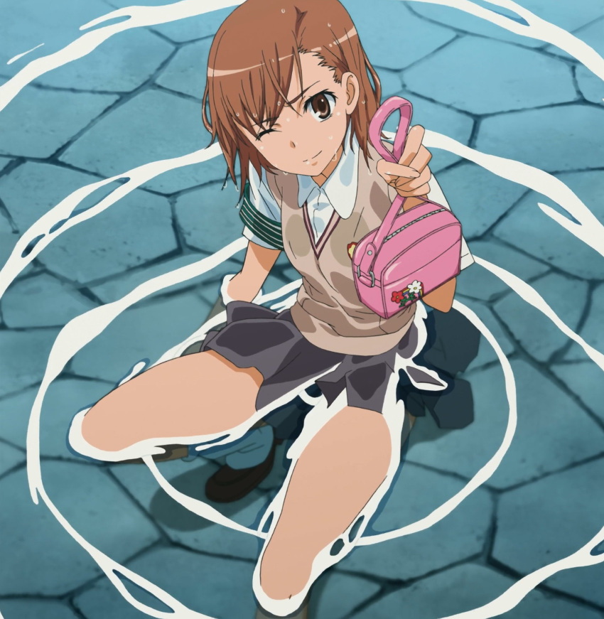 1girl arm_support armband artist_request asymmetrical_bangs bag bangs breasts brown_eyes brown_footwear brown_hair brown_sweater_vest cracked_floor dress_shirt dripping full_body grey_skirt highres holding holding_bag loafers looking_at_viewer loose_socks misaka_mikoto one_eye_closed partially_submerged pink_bag ripples school_uniform screencap shirt shoes short_hair skirt small_breasts smile solo squatting stitched sweater_vest toaru_kagaku_no_railgun toaru_majutsu_no_index tokiwadai_school_uniform water water_drop wet wet_clothes wet_shirt wet_skirt wet_sweater white_legwear white_shirt