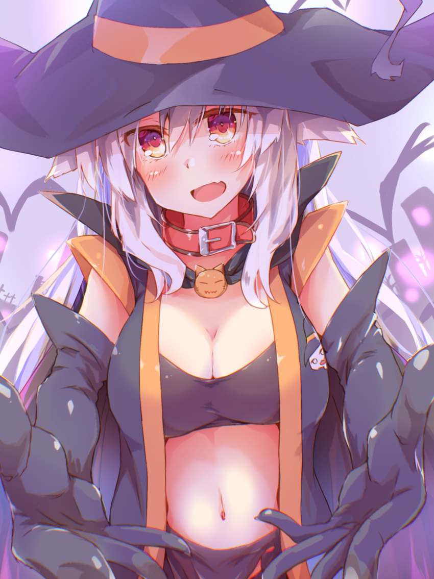 1girl :d bangs black_cape black_headwear blush breasts cape cleavage collar commentary_request elbow_gloves fang gloves hair_between_eyes halloween highres long_hair looking_at_viewer medium_breasts navel original outstretched_arms red_collar red_eyes rinrin_(927413) silver_hair smile solo very_long_hair