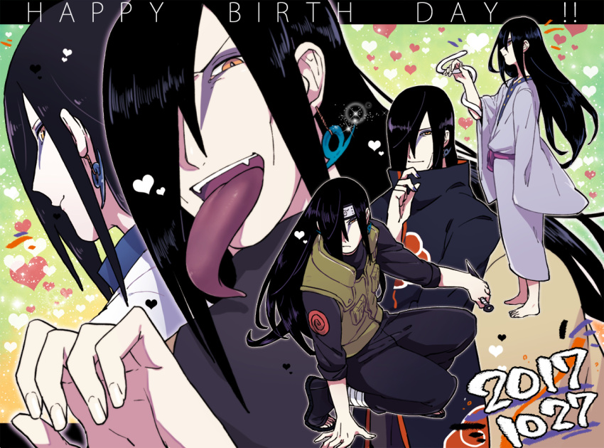 1boy :d akatsuki_(naruto) akatsuki_uniform back bangs barefoot black_hair black_pants black_shirt closed_mouth earrings facepaint forehead_protector full_body hair_over_one_eye happy_birthday holding holding_weapon japanese_clothes jewelry kimono kunai long_sleeves long_tongue looking_at_viewer looking_back male_focus multiple_views naruto naruto_(series) ninja open_mouth orochimaru_(naruto) pale_skin pants purple_kimono sandals shirt smile snake toes tongue vest weapon yazakc yellow_eyes