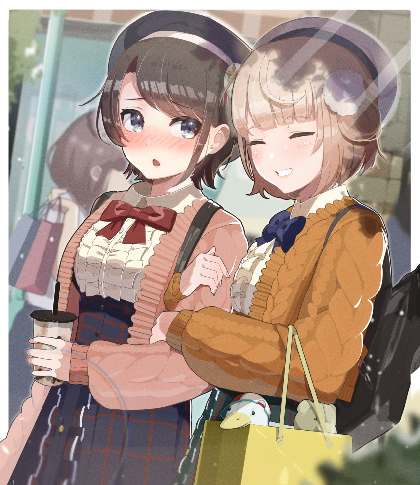 2girls absurdres aran_sweater arm_hug bag beret blonde_hair blush brown_hair cardigan center_frills closed_eyes collared_shirt commentary_request embarrassed frilled_shirt frills hat high-waist_skirt highres hololive looking_at_another multiple_girls oozora_subaru open_cardigan open_clothes plaid plaid_skirt shigure_ui_(vtuber) shirt shopping_bag skirt subaru_duck sweater tatedano_kabae virtual_youtuber white_shirt