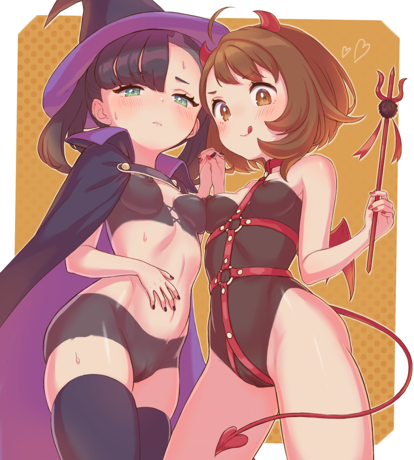 2girls :q ahoge bangs bare_arms black_cape black_legwear black_nails blush bodypaint breasts brown_eyes brown_hair cape closed_mouth commentary_request eyelashes frown gloria_(pokemon) green_eyes halloween harness hat heart highres holding holding_hands horns marnie_(pokemon) multiple_girls n2ewu nail_polish nipples painted_clothes pokemon pokemon_(game) pokemon_swsh pussy red_nails shiny shiny_skin short_hair smile tail thighhighs tongue tongue_out wings witch_hat yuri