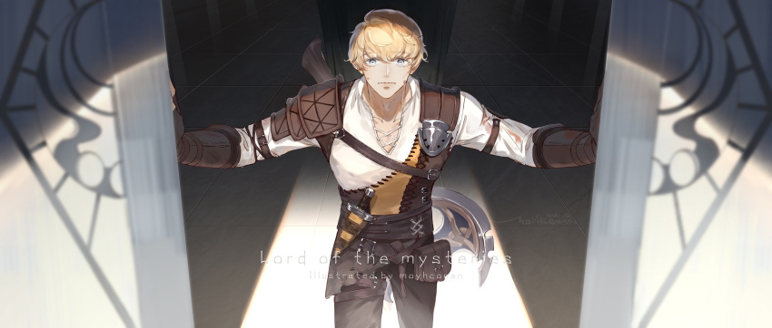 1boy armor axe bangs blonde_hair blue_eyes brown_legwear chinese_commentary closed_mouth commentary_request crying dagger derrick_berg door english_text gauntlets highres injury knife looking_at_viewer lord_of_the_mysteries moychi pauldrons shadow sheath sheathed shirt short_hair shoulder_armor signature solo weapon weapon_on_back white_shirt