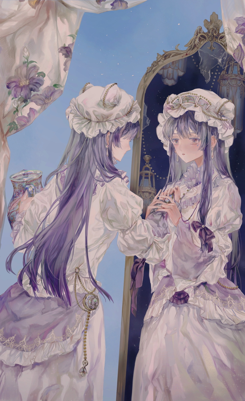 2girls absurdres adapted_costume arm_grab bangs blue_background bow broken_mirror chinese_commentary commentary_request dangle_earrings different_reflection dress earrings hair_bow hat highres holding jewelry long_hair long_sleeves mob_cap multiple_girls patchouli_knowledge pendant pitcher purple_bow purple_hair red_eyes reflection touhou white_dress yinyong_yu