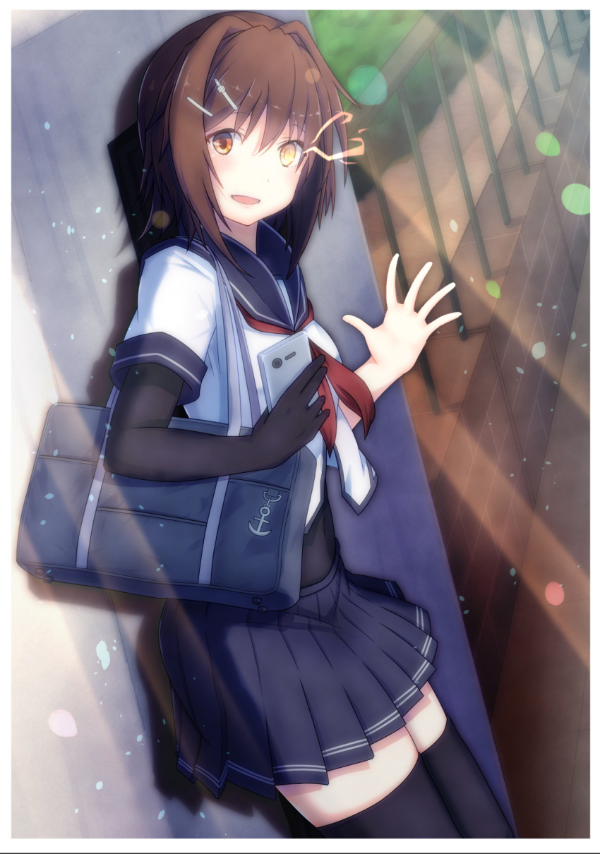 1girl bag black_legwear black_sailor_collar black_skirt bodysuit brown_hair commentary_request cowboy_shot elbow_gloves furutaka_(kancolle) gloves glowing glowing_eye hair_ornament hairclip heterochromia highres kantai_collection pleated_skirt remodel_(kantai_collection) sailor_collar school_bag school_uniform serafuku short_hair single_elbow_glove skirt solo thighhighs waving yanu yellow_eyes