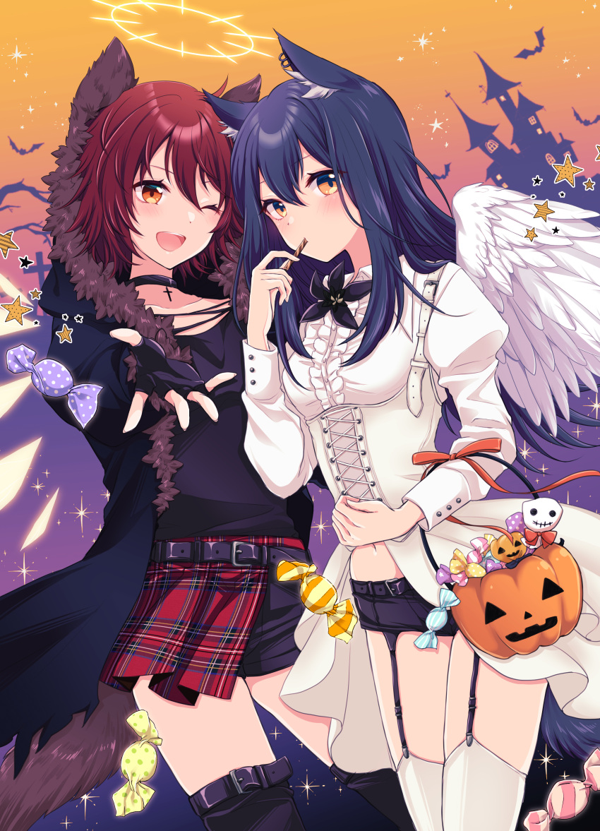 2girls ;d absurdres alternate_costume angel_wings animal_ear_fluff animal_ears arknights bat belt belt_buckle black_choker black_coat black_flower black_gloves black_hair black_legwear black_shirt black_shorts blush breasts buckle candy castle chiwa_(chiwawanwan1206) choker coat collarbone corset cowboy_shot cross detached_wings dress eating energy_wings exusiai_(arknights) feathered_wings fingerless_gloves flower food fur-trimmed_coat fur_trim garter_straps gloves halloween_bucket halo highres holding holding_food hood hood_up hooded_coat juliet_sleeves lily_(flower) long_hair long_sleeves looking_at_viewer multiple_girls navel one_eye_closed open_clothes open_coat orange_background orange_eyes outstretched_arm plaid plaid_skirt puffy_sleeves purple_background red_hair red_skirt revision shirt short_hair short_shorts shorts skirt small_breasts smile star_(symbol) tail texas_(arknights) thighhighs two-tone_background white_dress white_legwear white_wings wings wolf_ears wolf_girl wolf_tail