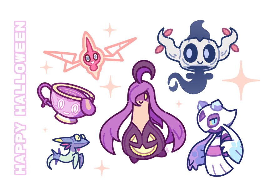 :d alternate_color artsy-rc closed_mouth commentary dreepy english_commentary english_text froslass gourgeist happy_halloween highres open_mouth phantump pokemon pokemon_(creature) rotom rotom_(normal) shiny_pokemon sinistea smile sparkle white_background
