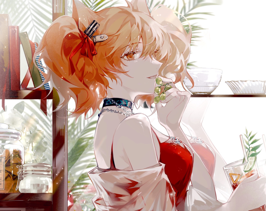 1girl absurdres angelina_(arknights) angelina_(summer_flowers)_(arknights) animal_ears arknights bangs bare_shoulders breasts brown_hair cover-up cup drinking_glass eyebrows_visible_through_hair food fox_ears fox_girl from_side fruit grapes hair_ribbon highres holding holding_cup holding_food holding_fruit infection_monitor_(arknights) jewelry juice long_hair looking_to_the_side medium_breasts official_alternate_costume profile red_eyes red_swimsuit reflection ribbon solo swimsuit twintails upper_body yi_jin_shihui_wumao_qian