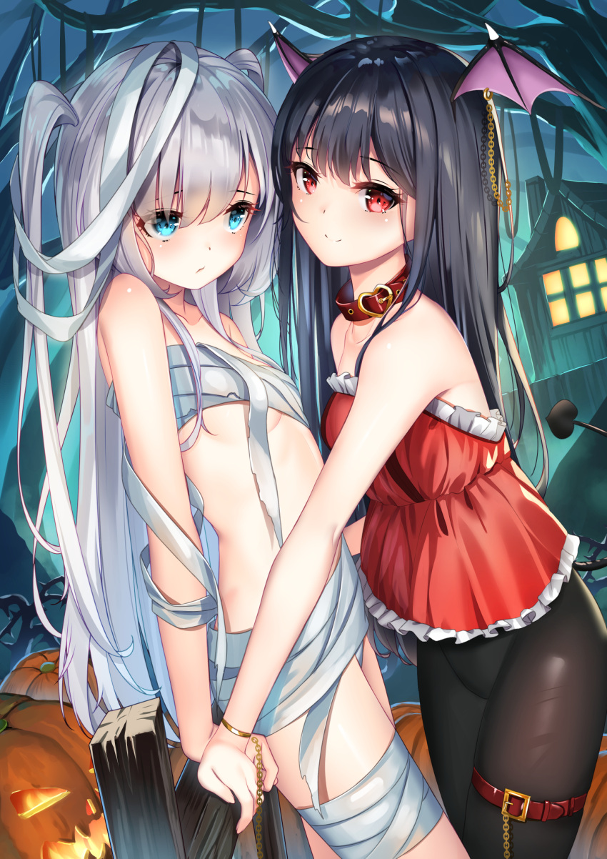 2girls bandages bangs bare_shoulders belt black_hair black_legwear blue_eyes breasts closed_mouth collar collarbone commentary_request eyebrows_visible_through_hair halloween head_wings highres leg_belt long_hair looking_at_another looking_at_viewer multiple_girls original pantyhose red_belt red_collar red_eyes small_breasts smile two_side_up white_hair yan_(nicknikg)