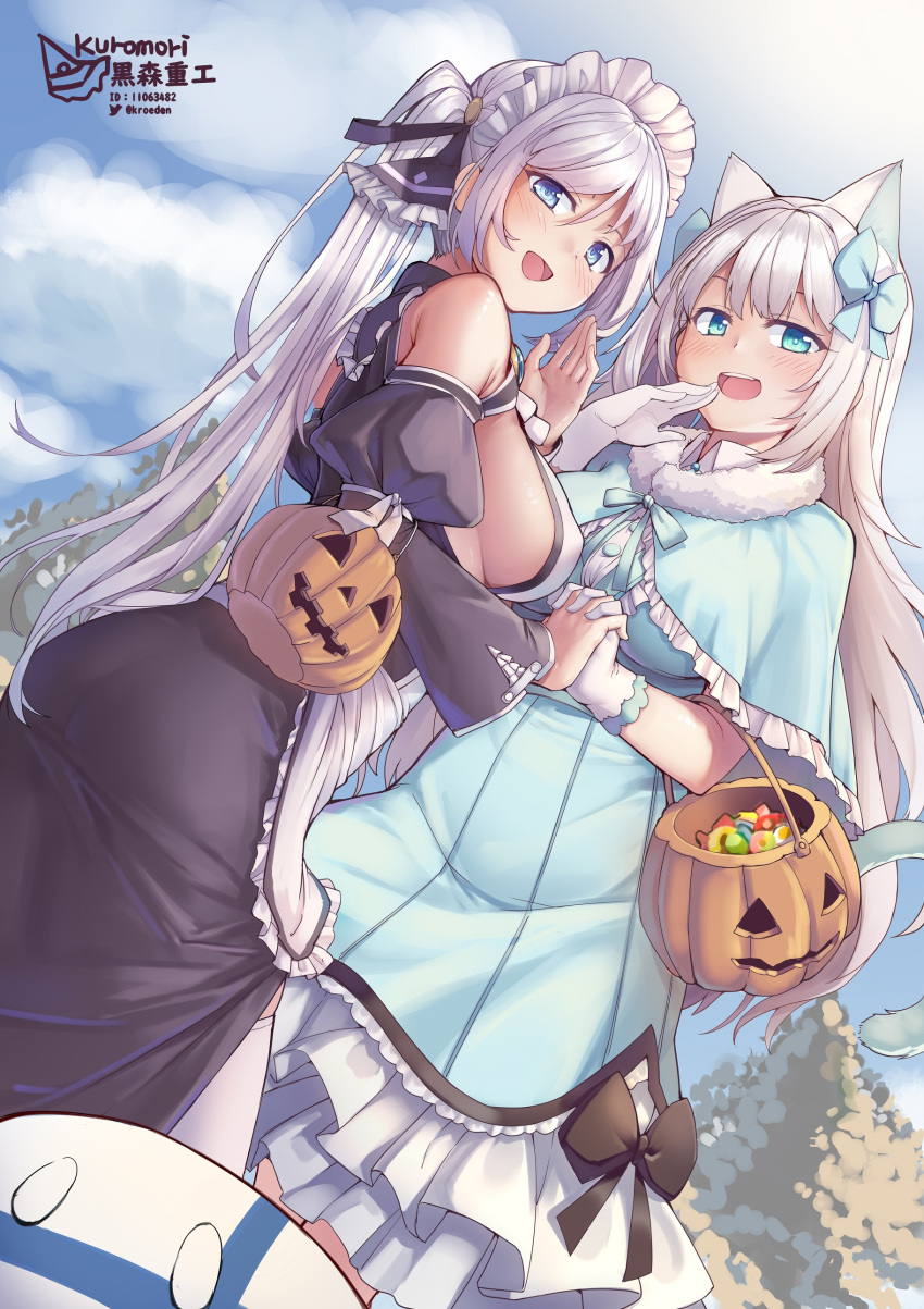 2girls absurdres animal_ears apron ass blue_eyes breasts detached_sleeves extra_ears gloves halloween halloween_bucket highres holding_hands jack-o'-lantern kotori_photobomb kuromori_(1010845110) large_breasts long_hair long_ribbon maid multiple_girls original puffy_detached_sleeves puffy_sleeves silver_hair twintails very_long_hair waist_apron white_apron white_gloves
