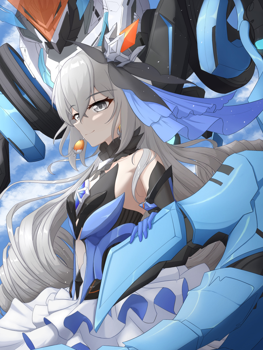 1girl absurdres bangs black_gloves blue_sky bronya_zaychik bronya_zaychik_(herrscher_of_reason) broseele closed_mouth cloud cloudy_sky dress drill_hair earrings elbow_gloves frilled_dress frills gloves grey_eyes grey_hair hair_between_eyes hair_ornament highres honkai_(series) honkai_impact_3rd jewelry long_hair looking_at_viewer outdoors project_bunny sky sleeveless sleeveless_dress smile solo twin_drills