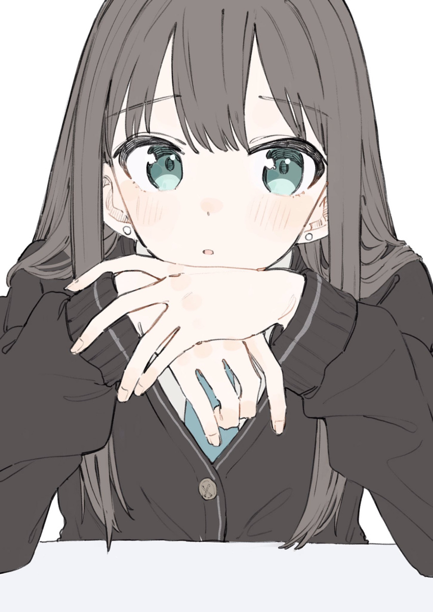 1girl black_hair cardigan commentary_request earrings eyebrows_visible_through_hair green_eyes hands_on_own_chin highres idolmaster idolmaster_cinderella_girls jewelry long_hair long_sleeves looking_at_viewer necktie school_uniform shibuya_rin simple_background solo tenoo12 upper_body white_background