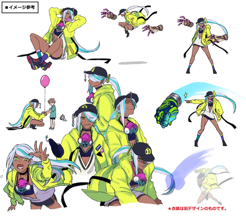 1girl asymmetrical_footwear baseball_cap breasts cleavage concept_art dark_skin disembodied_limb finger_tattoo hat highres isla_(kof) leg_tattoo light_blue_hair long_hair mask mask_around_neck official_art ogura_eisuke oversized_clothes paint_can respirator spray_can spray_paint spraying tattoo the_king_of_fighters the_king_of_fighters_xv