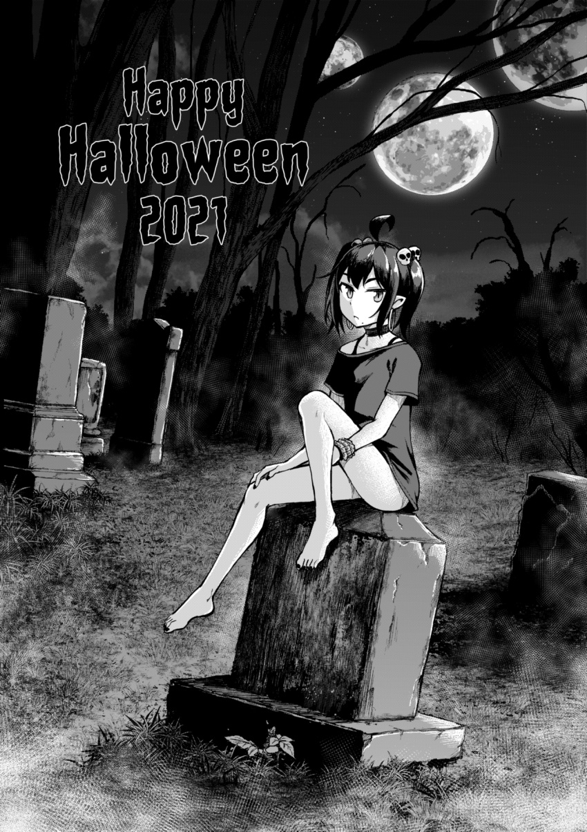 1girl ahoge bare_tree barefoot black_moon_prophecy black_nails bottomless bra_strap bracelet choker commentary earrings full_moon geewhy graveyard greyscale hair_ornament halloween happy_halloween highres hoop_earrings jewelry levi_(black_moon_prophecy) looking_at_viewer medium_hair monochrome moon multiple_moons nail_polish naked_shirt night night_sky off_shoulder original parted_lips pointy_ears scrunchie shirt short_sleeves sitting skull_hair_ornament sky solo toenail_polish toenails tombstone tree twintails wrist_scrunchie