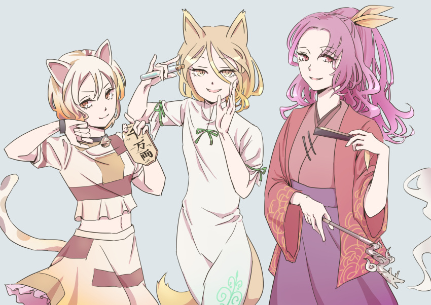 3girls absurdres animal_ears bangs barefoot bell blonde_hair brown_eyes calico cat_ears cat_girl cat_tail closed_fan coin corked_bottle crop_top dragon eyebrows_visible_through_hair folding_fan fox_ears fox_girl fox_shadow_puppet gold goutokuji_mike green_ribbon hand_fan highres holding holding_pipe japanese_clothes jingle_bell kimono kiseru koban_(gold) komakusa_sannyo kudamaki_tsukasa long_hair maneki-neko medium_skirt midriff multicolored_clothes multicolored_hair multicolored_shirt multicolored_shorts multicolored_skirt multicolored_tail multiple_girls navel neck_bell nomu_haji open_clothes orange_eyes patches patchwork_clothes pipe ponytail purple_hair purple_skirt red_eyes red_kimono ribbon romper short_hair shorts skirt smoke stomach streaked_hair tail test_tube tobacco torn_clothes touhou unconnected_marketeers white_hair white_legwear wide_sleeves yellow_ribbon