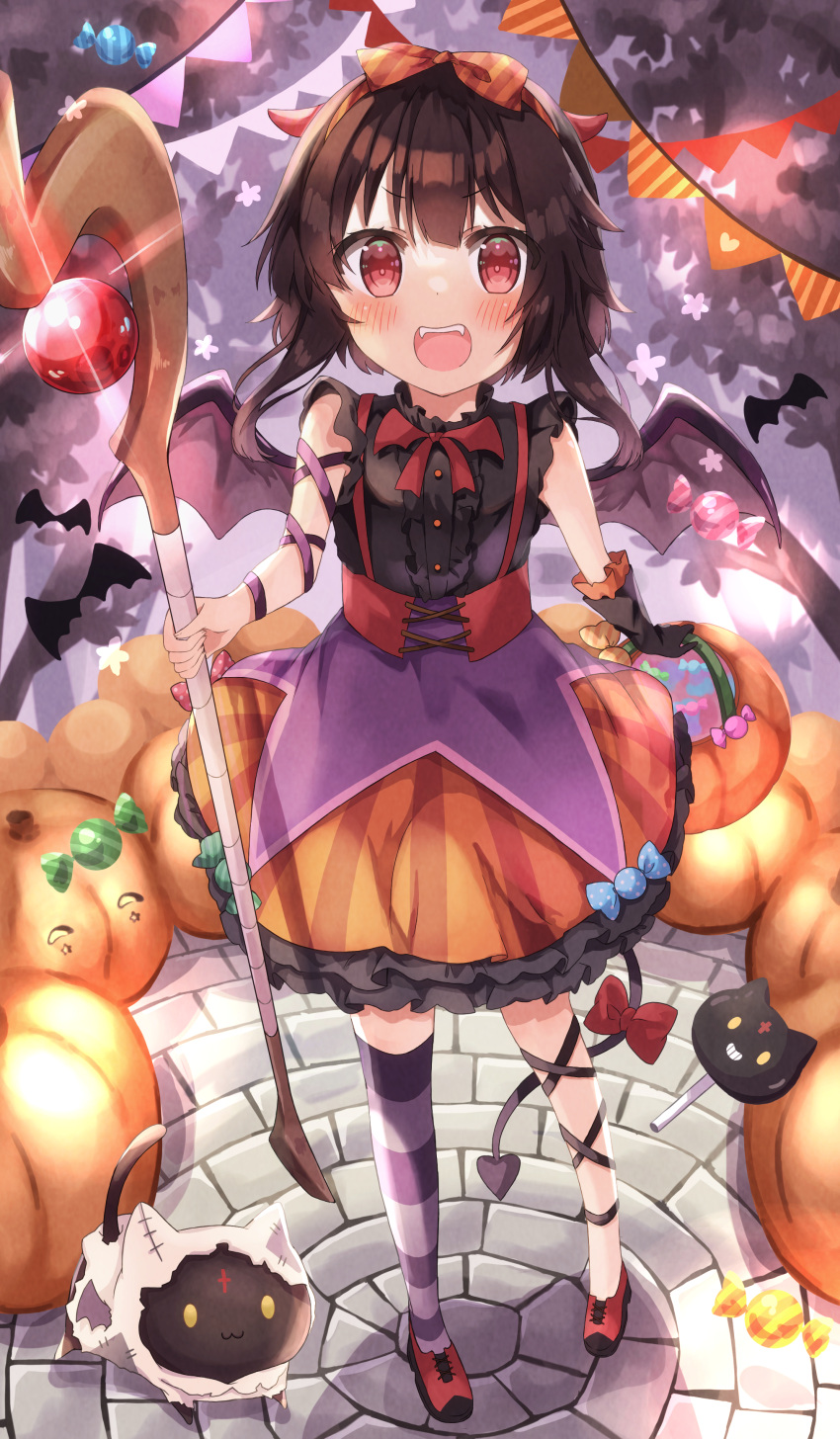 1girl absurdres alternate_costume black_hair blush cat chomusuke commentary english_commentary halloween highres kono_subarashii_sekai_ni_shukufuku_wo! looking_at_viewer megumin mixed-language_commentary open_mouth red_eyes short_hair smile standing teeth upper_teeth vampire_costume yuno_(suke_yuno)