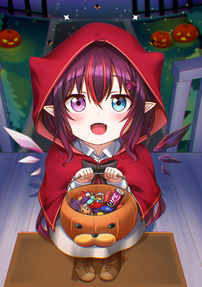 1girl absurdres bangs blue_eyes blush boots capelet cosplay evening eyebrows_visible_through_hair fang halloween halloween_bucket halloween_costume heterochromia highres hololive hololive_english irys_(hololive) jan_azure little_red_riding_hood little_red_riding_hood_(grimm) little_red_riding_hood_(grimm)_(cosplay) mr._squeaks_(hakos_baelz) open_mouth outdoors pointy_ears porch pumpkin purple_eyes red_capelet red_hair smile solo tako_(ninomae_ina'nis) trick_or_treat virtual_youtuber younger