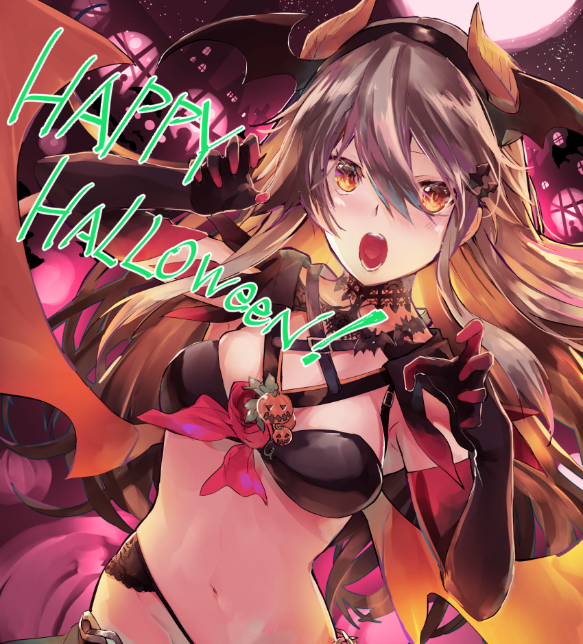 1girl bikini black_bikini black_gloves breasts brown_eyes brown_hair claw_pose elbow_gloves gloves hair_between_eyes hairband happy_halloween haruna_(kancolle) head_wings highres horns kantai_collection kyougoku_touya long_hair looking_at_viewer medium_breasts navel open_mouth solo swimsuit wings