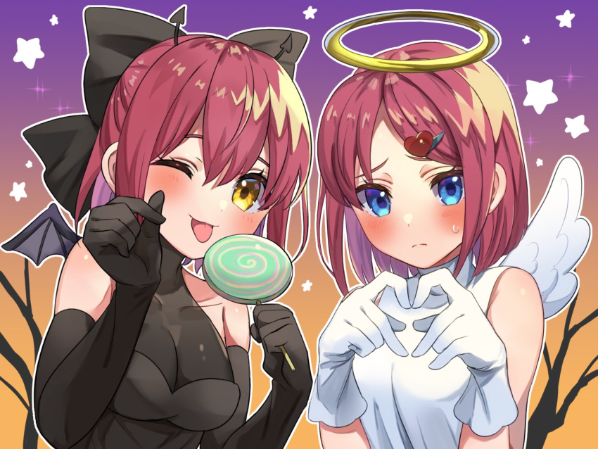 2girls ;p alternate_costume alternate_hairstyle angel angel_costume angel_wings bangs bare_shoulders black_bow black_dress black_gloves black_horns blue_eyes blush bow breasts candy closed_mouth collarbone commentary_request demon_costume demon_girl demon_horns demon_wings dress elbow_gloves fake_halo fake_horns fake_wings finger_heart food gloves hair_between_eyes hair_bow hair_ornament hairclip half_updo halloween halloween_costume halo heart heart_hair_ornament heart_hands highres hisui_(tsukihime) holding holding_candy holding_food holding_lollipop horns kohaku_(tsukihime) lollipop looking_at_viewer medium_breasts mixgrill multiple_girls one_eye_closed parted_bangs red_hair short_hair siblings sisters sleeveless sleeveless_dress tongue tongue_out tsukihime turtleneck turtleneck_dress twins upper_body white_dress white_gloves wings yellow_eyes