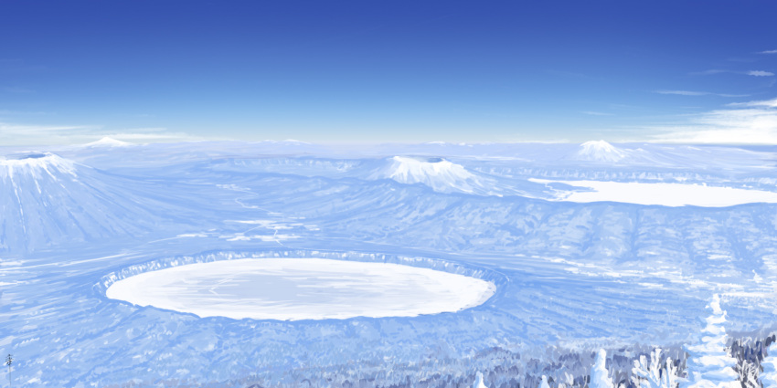 blue_sky cloud commentary_request crater forest frozen highres lake landscape mountain nature no_humans original scenery signature sky snow tateyuki tree volcano winter