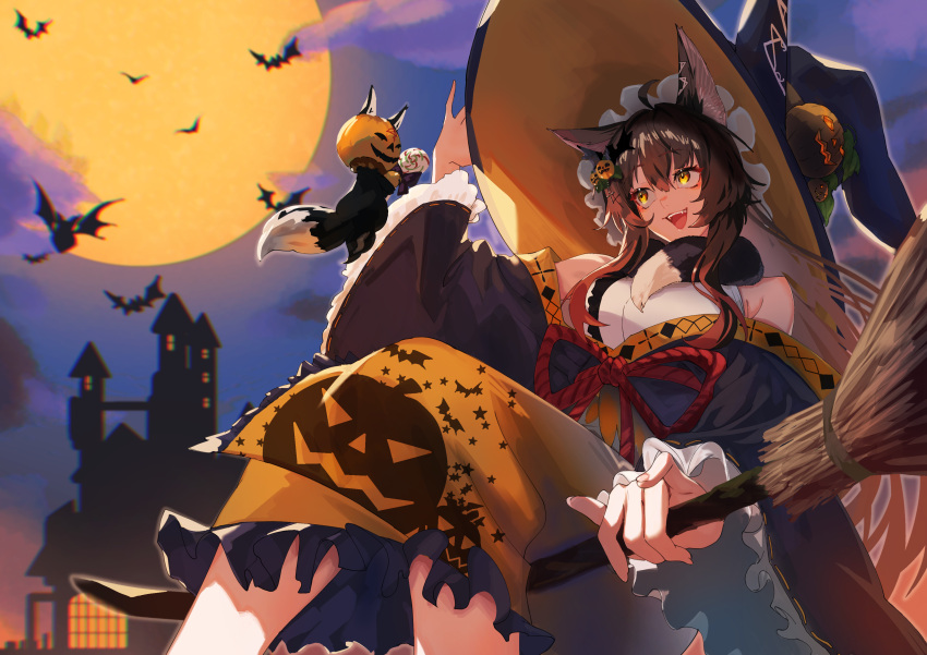 1girl absurdres animal_ears animal_print bare_shoulders bat bat_print breasts broom broom_riding brown_hair castle cat cleavage crossed_legs eyebrows_visible_through_hair fangs food-themed_hair_ornament fox_ears fox_girl frilled_hat frills full_moon fumi_(nijisanji) hair_between_eyes hair_ornament halloween hand_up hat highres japanese_clothes kimono large_breasts large_hat long_hair long_sleeves looking_at_another moon murechika night nijisanji off-shoulder_kimono off_shoulder open_mouth pumpkin pumpkin_hair_ornament pumpkin_hat pumpkin_print rope sharp_teeth solo tail teeth upper_teeth virtual_youtuber wide_sleeves witch witch_hat yellow_eyes