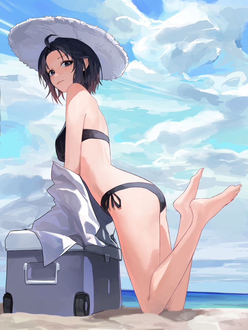 1girl absurdres bare_arms bare_legs bare_shoulders barefoot beach bikini black_bikini black_eyes black_hair closed_mouth cloud cloudy_sky commentary cooler day english_commentary full_body hat highres idolmaster idolmaster_(classic) kikuchi_makoto kneeling light_smile looking_at_viewer mac_star ocean outdoors shirt shirt_removed short_hair side-tie_bikini sky solo sun_hat swimsuit toes white_headwear white_shirt