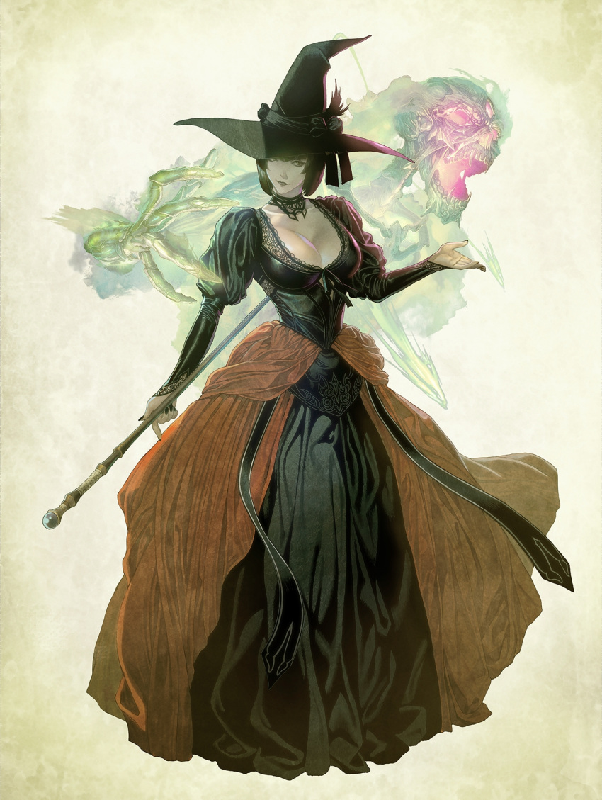1girl black_dress black_hair black_headwear dress full_body ghost hand_up hat highres holding holding_staff homare_(fool's_art) long_sleeves original short_hair skeleton smile solo staff standing witch witch_hat