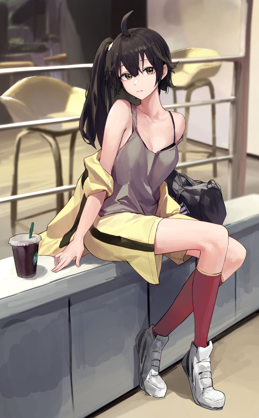 1girl absurdres ahoge araragi_karen bag black_bra black_hair bra bra_peek breasts brown_eyes cleavage closed_mouth collarbone commentary duffel_bag english_commentary full_body grey_tank_top highres iced_coffee jacket kneehighs legs long_hair looking_at_viewer mac_star monogatari_(series) red_legwear shoes shorts side_ponytail sitting solo stool tank_top underwear white_footwear yellow_jacket yellow_shorts