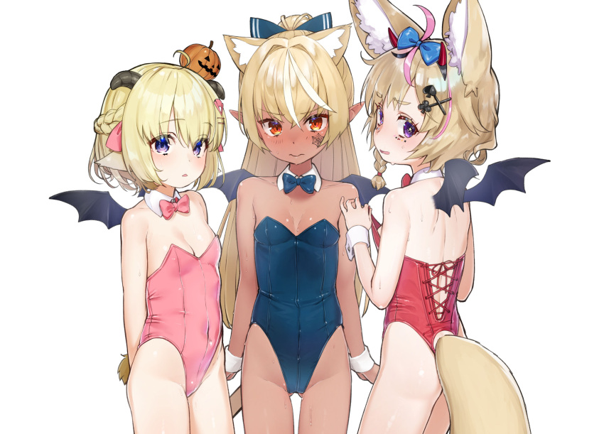 3girls ahoge animal_ear_fluff animal_ears ass ass_visible_through_thighs back bangs bare_legs bare_shoulders bat_wings blonde_hair blue_bow blue_leotard blush bow bowtie braid breasts cleavage clothing_cutout commentary_request covered_navel dark-skinned_female dark_skin detached_collar elf eyebrows_visible_through_hair facial_tattoo fox_ears fox_girl fox_tail hair_between_eyes hair_bow hair_ornament hairclip halloween high_ponytail highres hololive horns jack-o'-lantern jack-o'-lantern_hair_ornament leotard long_hair looking_at_viewer looking_back multicolored_hair multiple_girls omaru_polka oshiruko_(oshiruco_212048) pink_bow pink_hair pink_leotard playboy_bunny_leotard pointy_ears ponytail purple_eyes red_bow red_leotard sheep_ears sheep_girl sheep_horns shiranui_flare short_hair side_braid simple_background small_breasts standing strapless strapless_leotard streaked_hair sweat symbol-shaped_pupils tail tail_cutout tattoo tsunomaki_watame virtual_youtuber white_background wings younger