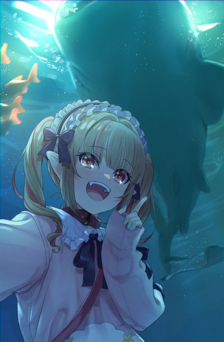 1girl air_bubble animal aqua_nails aquarium black_ribbon blue_theme bubble collar eyebrows_visible_through_hair fish fish_tank frilled_collar frilled_hairband frills grey_hair hair_ribbon hairband highres index_finger_raised lolita_hairband long_hair looking_at_viewer makaino_ririmu manta_ray multicolored_hair nail_polish neck_ribbon nijisanji open_mouth pink_hair pink_sweater pointy_ears red_collar red_eyes ribbon sabamen selfie sidelocks sleeves_past_wrists smile streaked_hair sweater teeth twintails two-tone_hair underwater upper_body upper_teeth virtual_youtuber water whale_shark white_collar