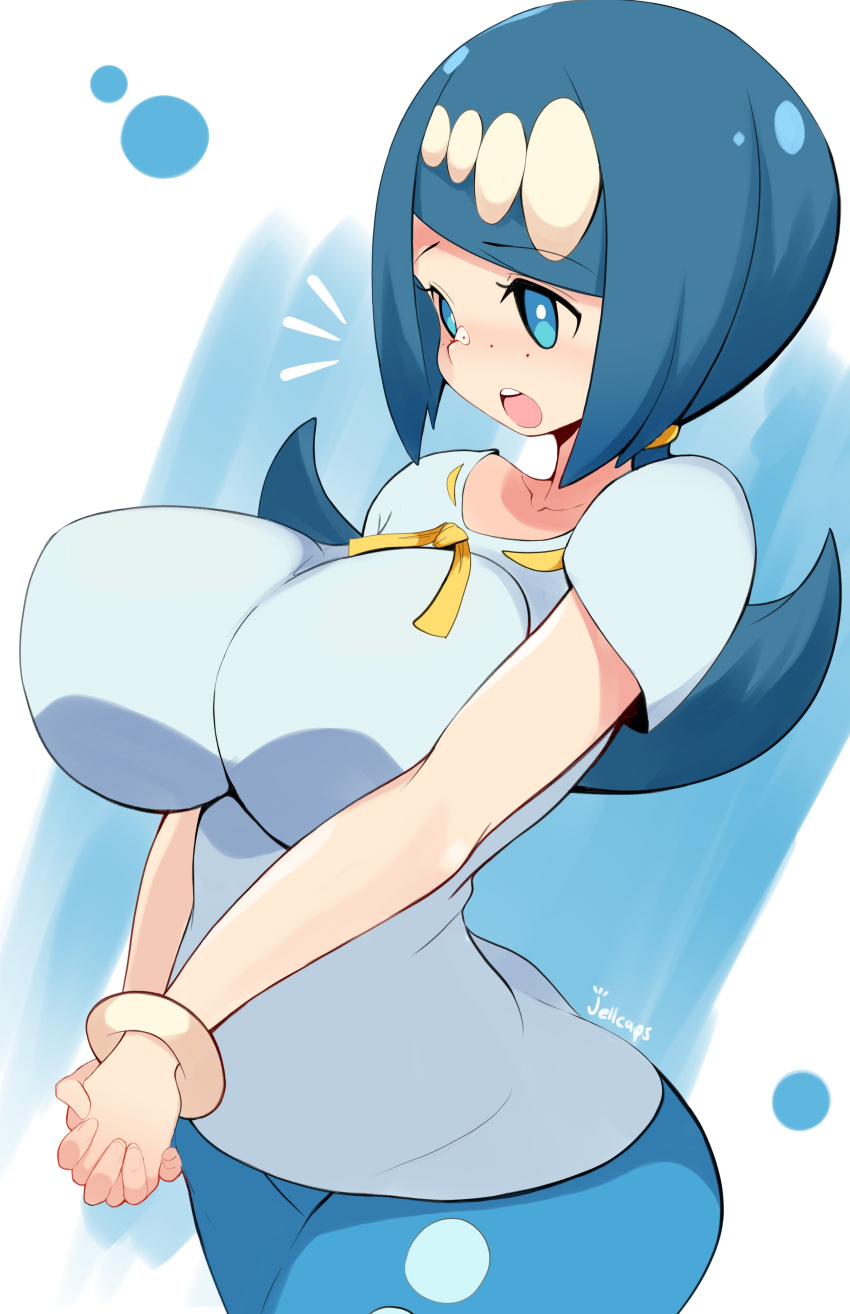 1girl absurdres blue_hair breasts bright_pupils freckles highres jellcaps lana's_mother_(pokemon) large_breasts low_ponytail mature_female no_sclera open_mouth pokemon pokemon_(anime) pokemon_sm_(anime) scoop_neck solo white_pupils