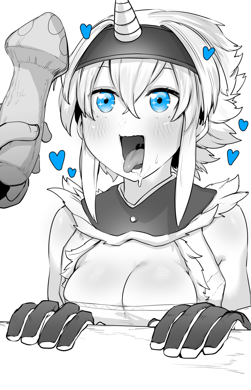 1girl absurdres blue_eyes blue_theme blush breasts cleavage drooling eye_focus gloves hairband highres kirin_(armor) large_breasts medium_hair monster_hunter_(character) monster_hunter_(series) mushroom niwarhythm open_mouth phallic_symbol simple_background solo_focus spot_color tongue tongue_out white_background