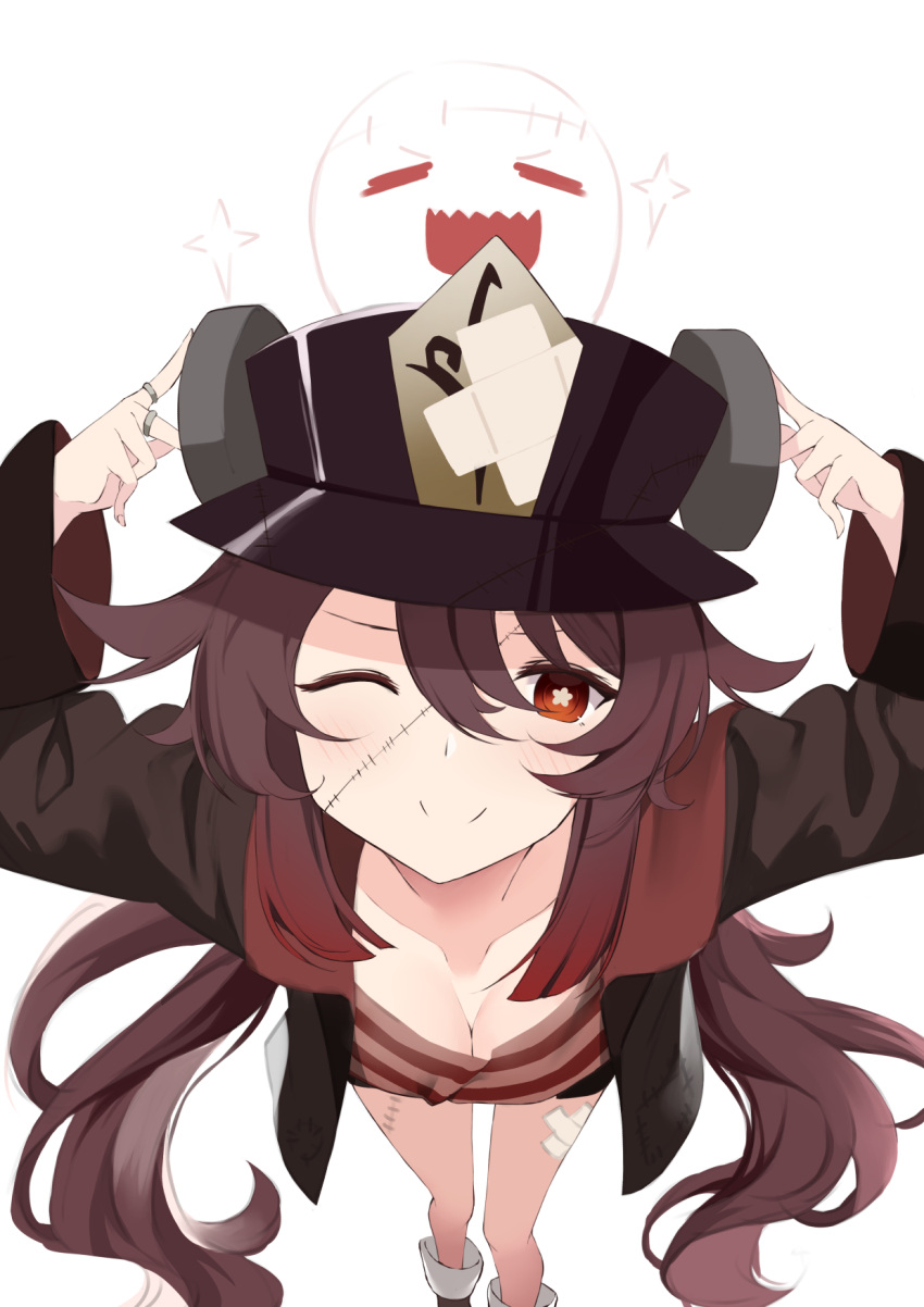 1girl ;) black_headwear breasts brown_hair cleavage closed_eyes genshin_impact ghost hat highres hino_kagutsuki hu_tao_(genshin_impact) leaning_forward long_sleeves one_eye_closed open_clothes red_eyes scar scar_across_eye shirt simple_background small_breasts smile striped striped_shirt symbol-shaped_pupils top_hat white_background