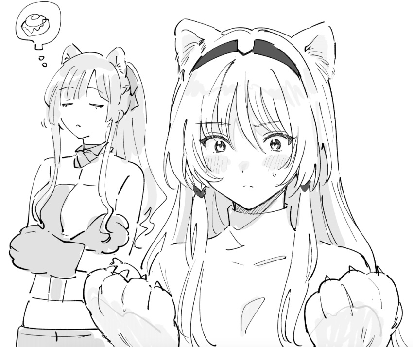 2girls ak-12_(girls'_frontline) an-94_(girls'_frontline) animal_ears animal_hands blush cinnamon_roll closed_eyes crossed_arms dm_owr girls'_frontline gloves greyscale hairband imagining long_hair monochrome multiple_girls paw_gloves sidelocks simple_background sweatdrop thought_bubble upper_body white_background